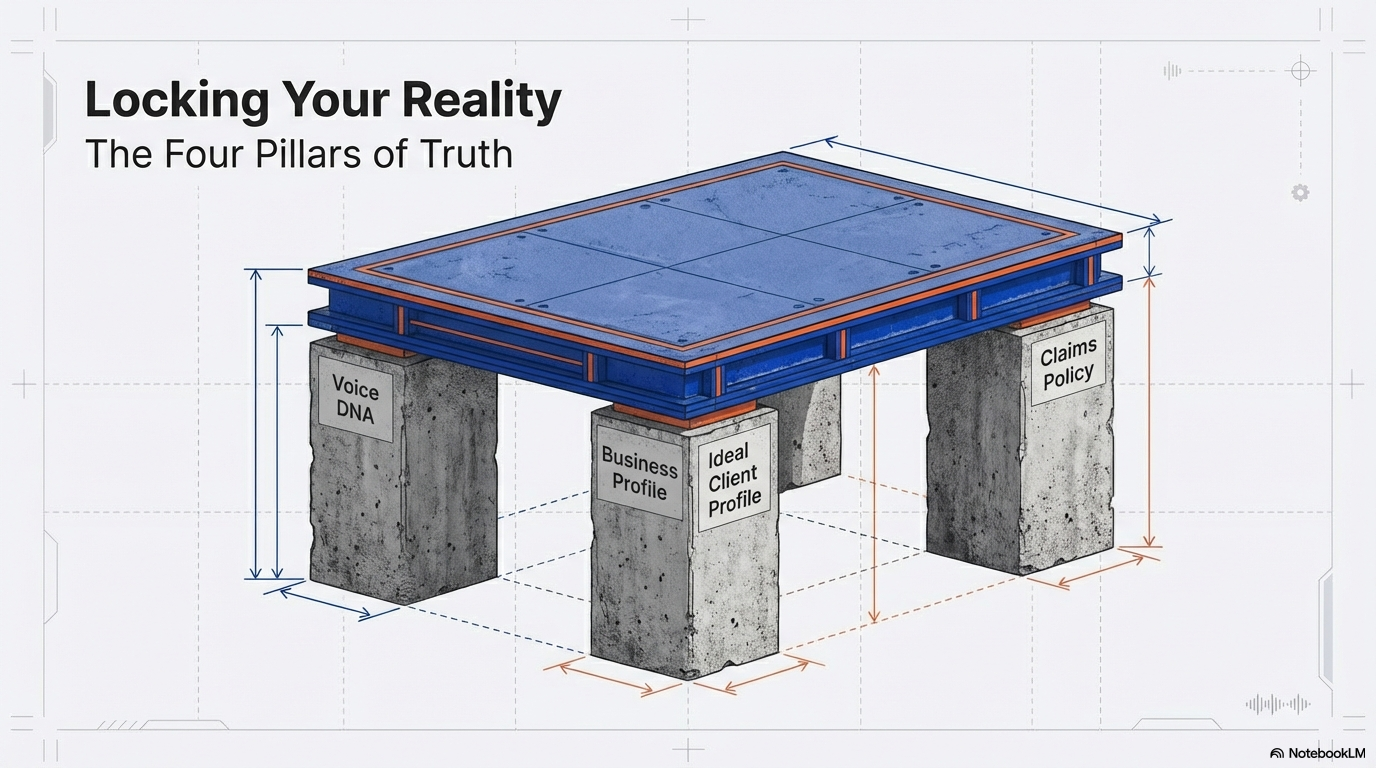 Locking your reality with the four pillars of truth — Voice DNA, Business Profile, Ideal Client, and Claims Policy