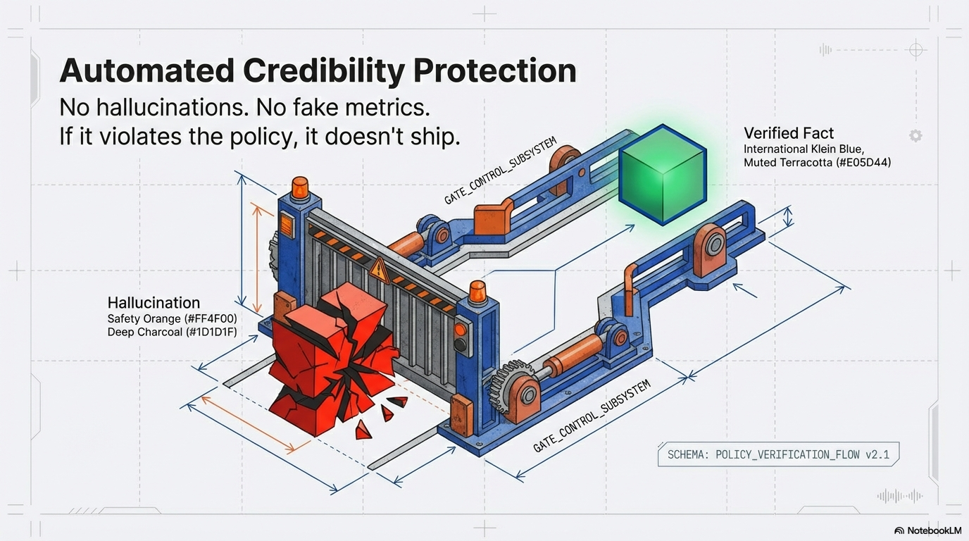 Automated credibility protection — no hallucinations, no fake metrics, if it violates the policy it doesn't ship