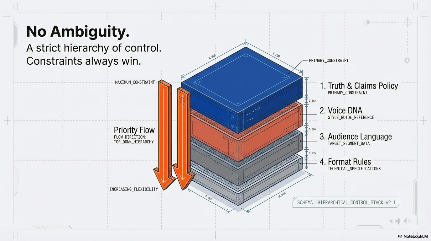 No ambiguity — a strict hierarchy of control where truth and claims policy always override voice, audience, and format rules