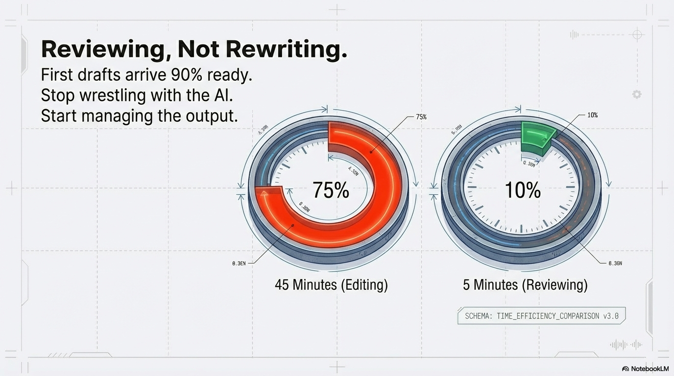 Reviewing not rewriting — first drafts arrive 90% ready, reducing 45 minutes of editing to 5 minutes of review