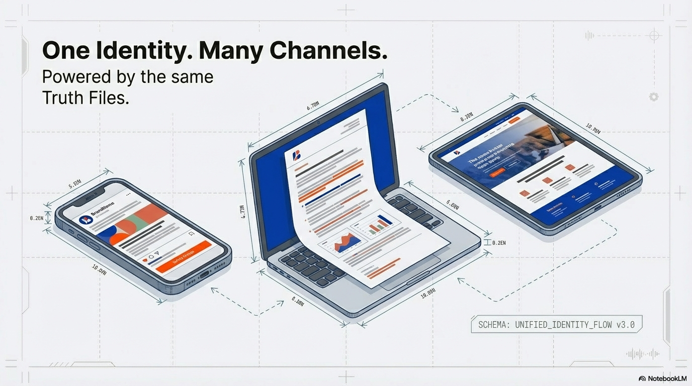 One identity, many channels — consistent brand voice across every platform powered by the same truth files